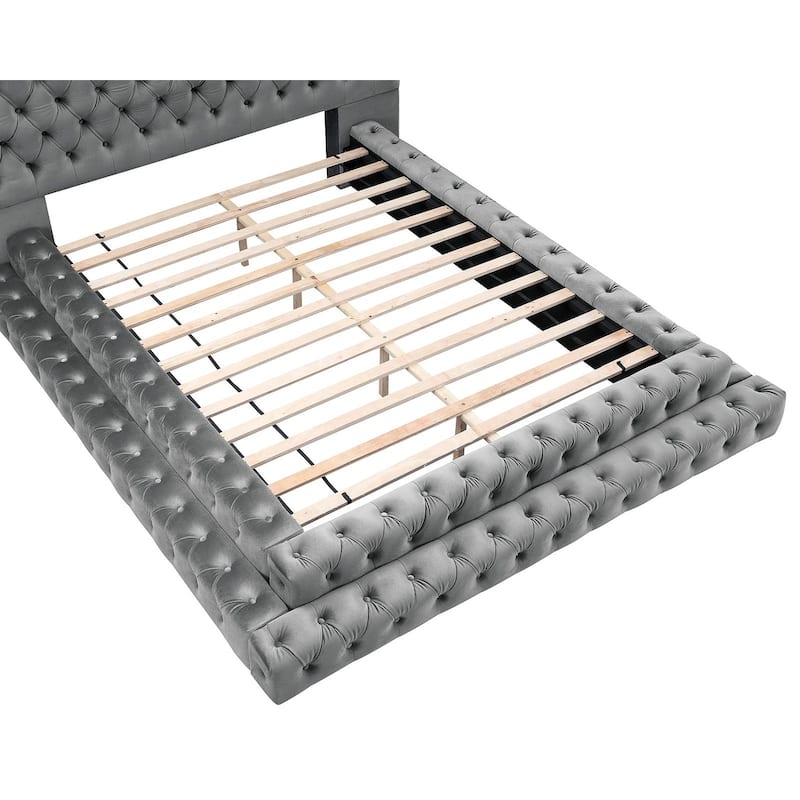 Gray Finish Glam 1PC Step Up Platform Bed Fully Upholstered Button Tufted