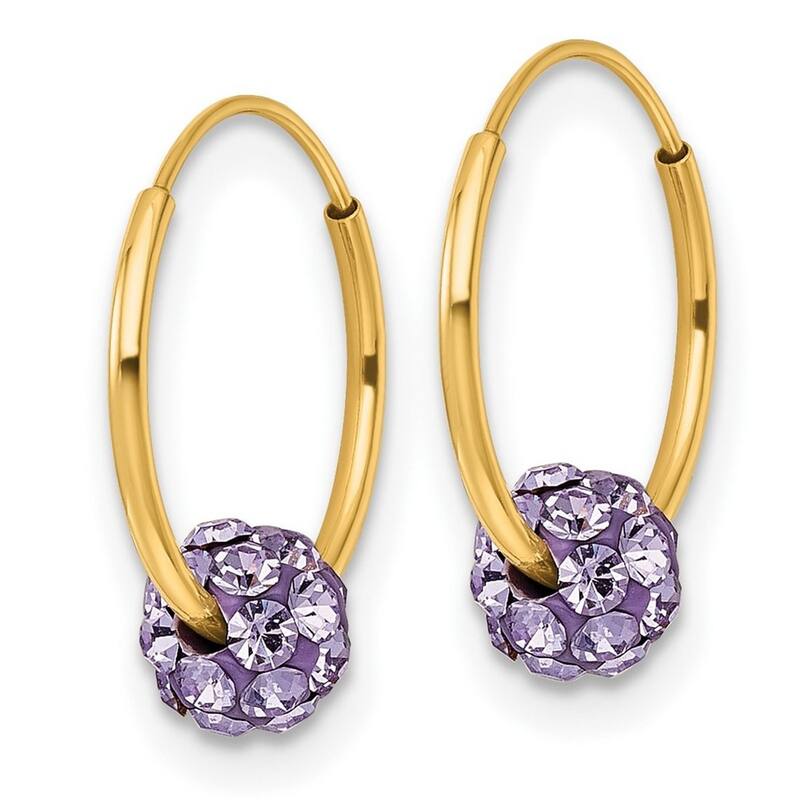 Curata 14k Yellow Gold Lavender Crystal Ball 13mm Endless Hoop Earrings