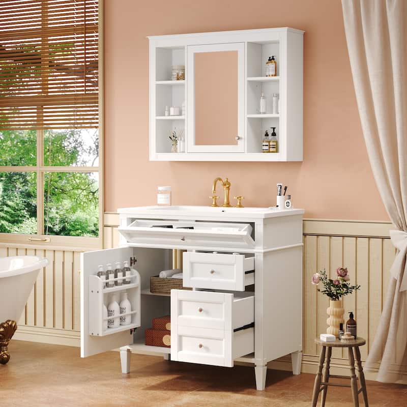 Freestanding Bathroom Vanity & Wall Mounted Mirror Cabinet Set with Resin Sink, Open Shelves, Drawers and Adjustable Shelves