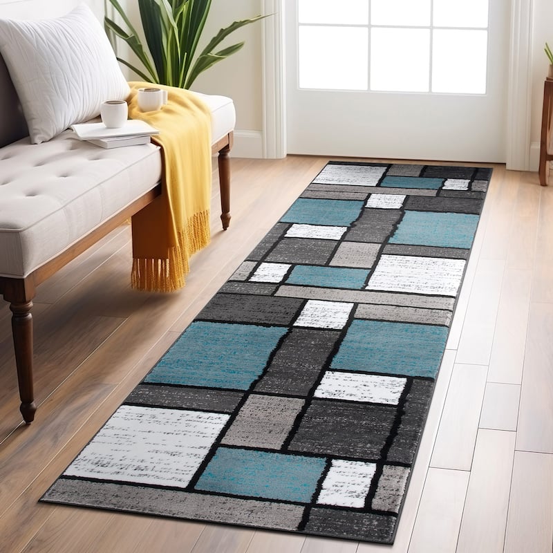 World Rug Gallery Contemporary Modern Boxed Color Block Area Rug - 2' 7" x 6' - Light Blue