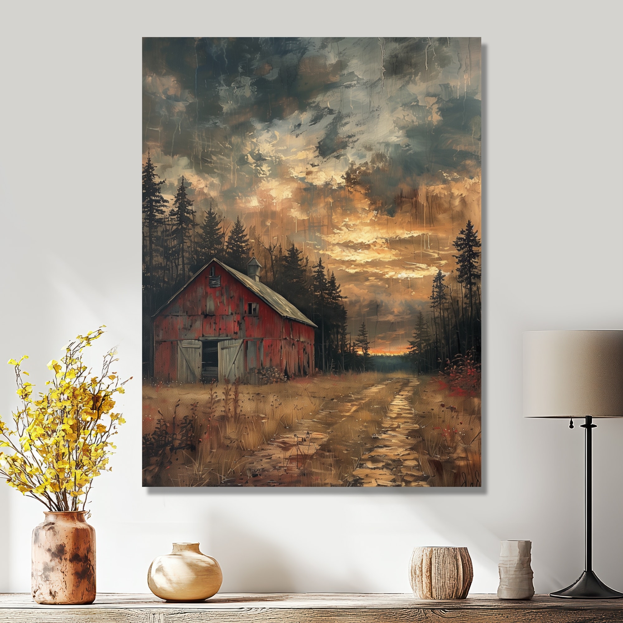 Designart "Grey Red Autumn Timeless Treasure Barn I" Barn Canvas Wall Art - Traditional Wall Decor Yellow Wall Art