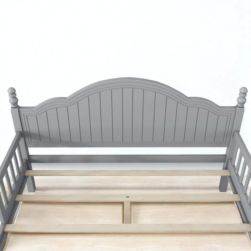 Twin/Full Size Wooden Kids Bed with Headboard, Footboard, Guardrails and Storage, Platform Bed Frame
