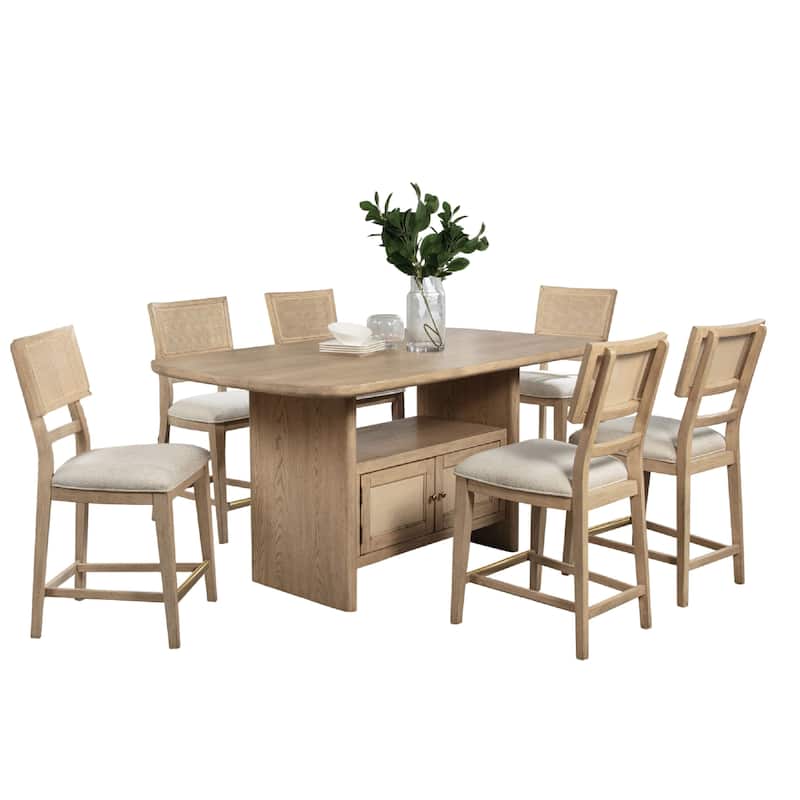 Lno 7 Piece Counter Height Dining Set, 6 Chairs, Beige Wood, Gold