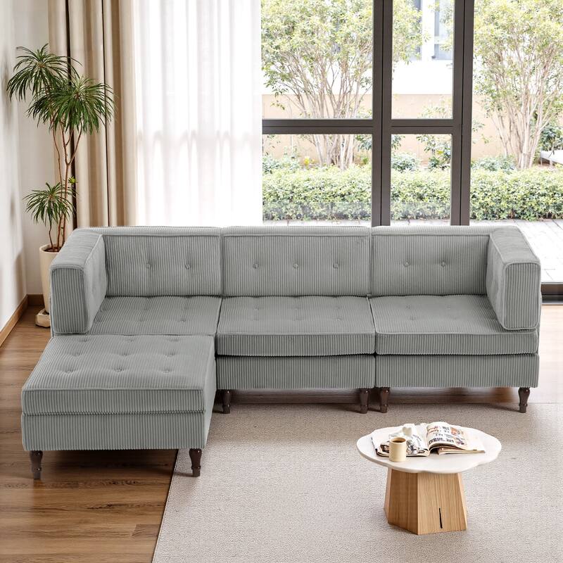 UIXE 4 - Piece Corduroy Sectional Sofa with Flip-Top Storage Ottoman Coffee Table