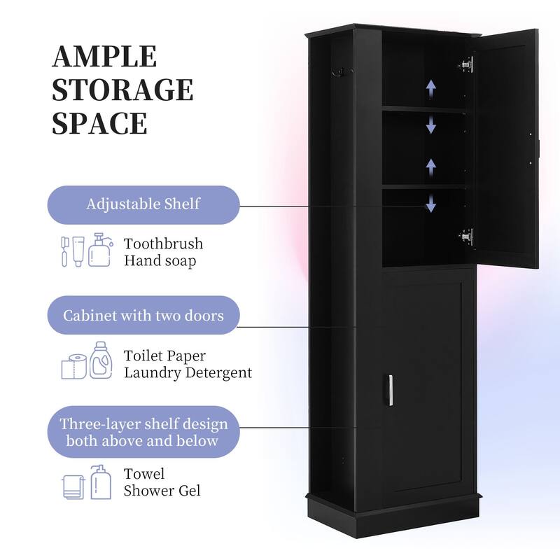68-Inch Tall Bathroom Storage Cabinet with 2 Doors, Adjustable Shelves, Side Hooks & Anti-Tip Kit, Freestanding Organizer, Black