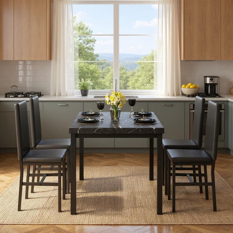 Grondin Modern Contemporary 5 Pieces Dining Table Set with Faux Marble Top and 4 PU Leather Upholstered Chairs