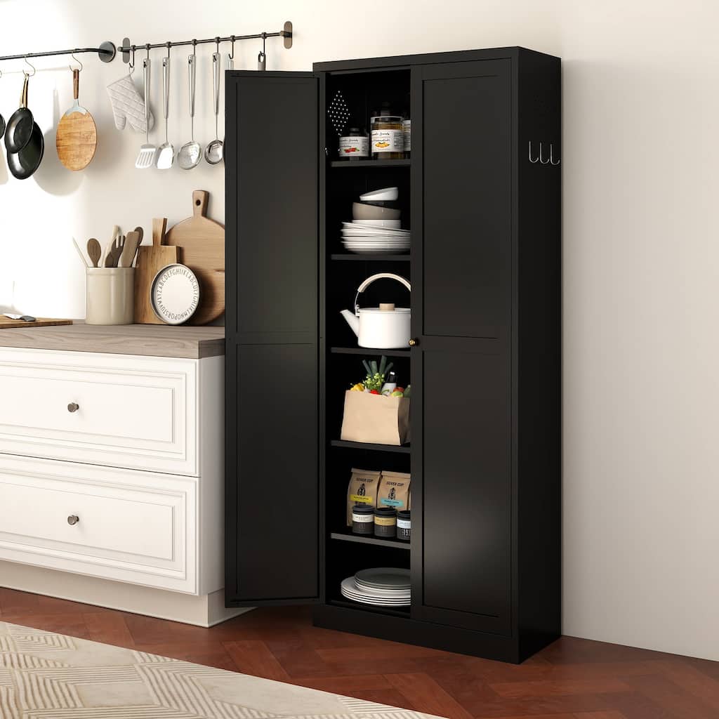 72" Black Metal Kitchen Pantry Cabinet with Doors, Heavy-Duty Freestanding Storage Organizer with 5 Adjustable Shelves