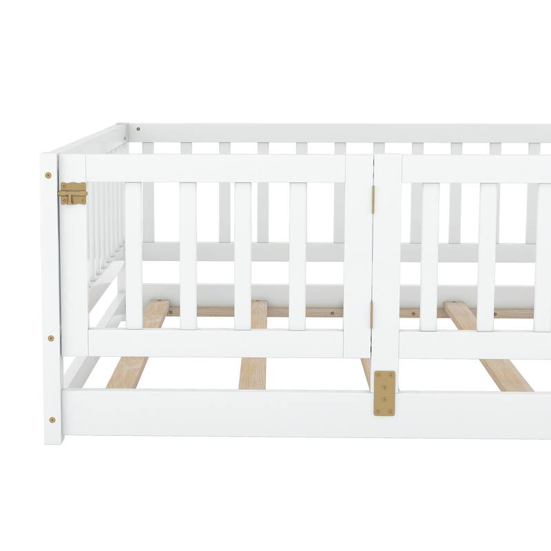 Full Size Pine Wood Floor Panel Bed with 7-Slat Support and Safety Fence and Removable Door Included