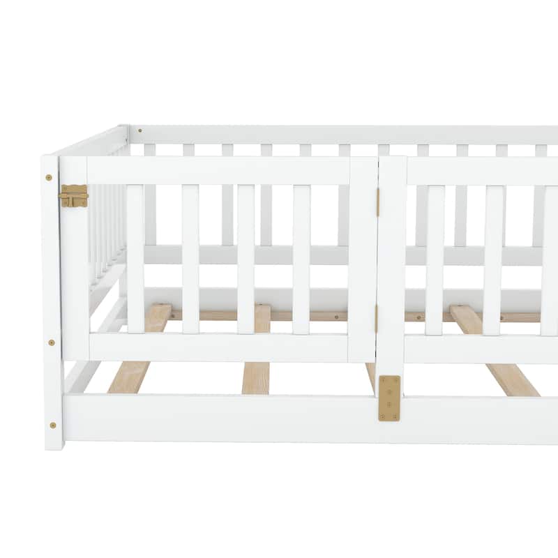 Montessori Floor Bed with Fence Guardrail and Removable Door Toddler Floor Wood Bed Frame for Kids Boys Girls Children's Room