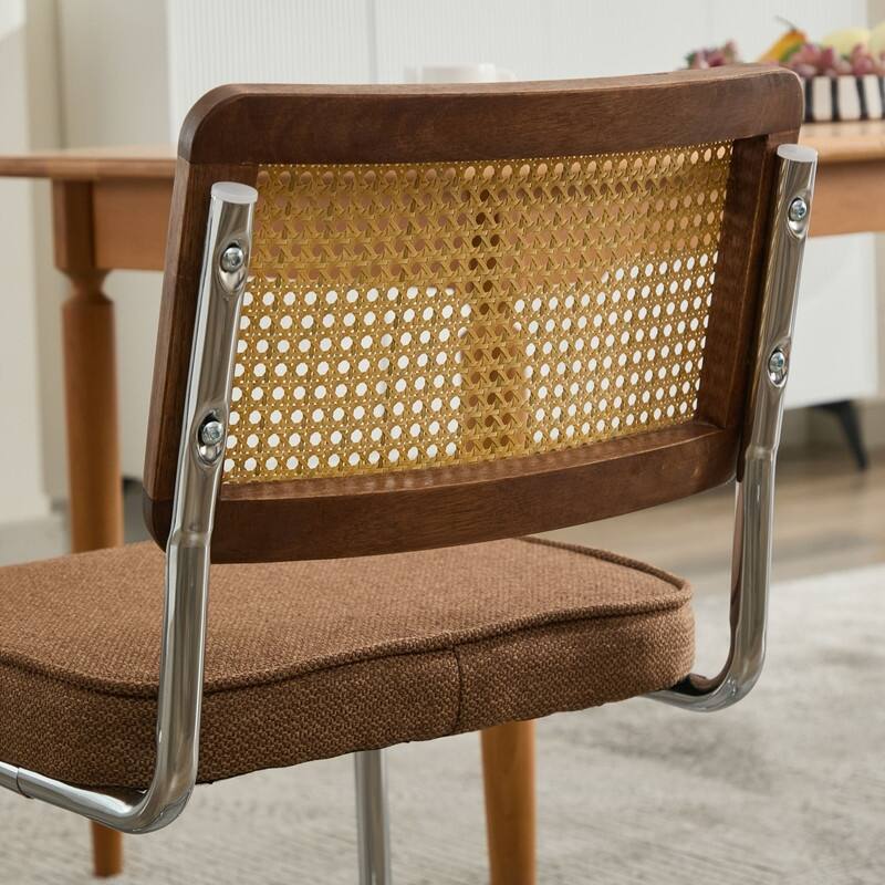 Mid Century Modern Dining Chairs Set of 2, Natural Cane Back & Stainless Chrome Base, Upholstered Rattan Kitchen Chairs