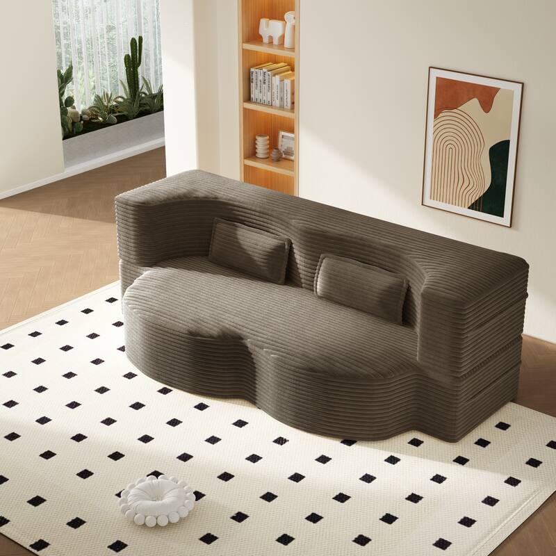 Convertible Floor Sofa with Corduroy Fabric, Twin Mattress & No Assembly - Coffee