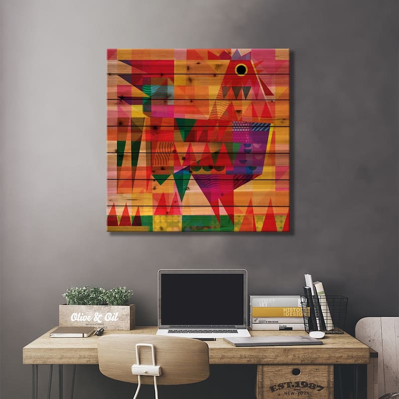 Patchwork Rooster Iv Print On Wood by Gareth Lucas - Multi-Color
