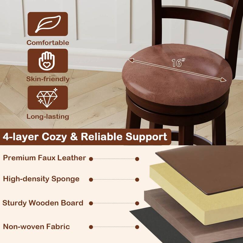 Costway 26” Counter Height Swivel Barstools Set of 2/4 with Back, Faux - Cappuccino