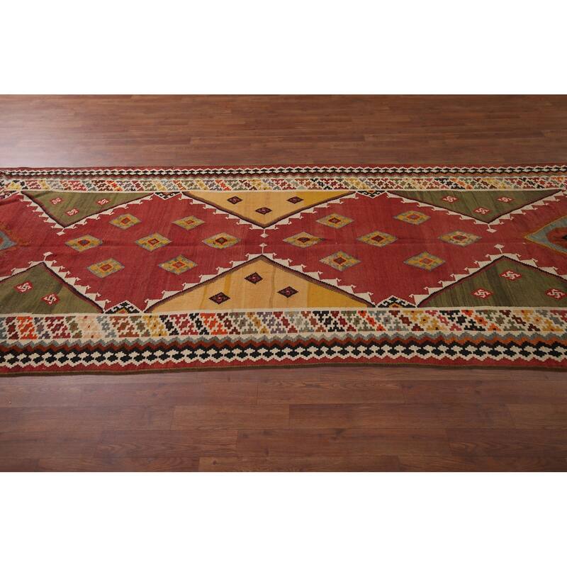 Vegetable Dye Orange Kilim Qashqai Persian Antique Wool Carpet - 4'4"x 10'10"