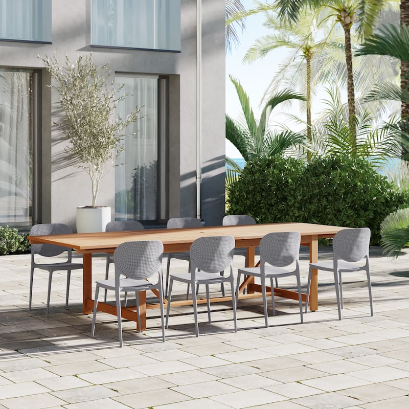 Amazonia Outdoor Patio 9pc Pentel Patio Extendable Dining Set - Dark Wood Table and Grey Chairs