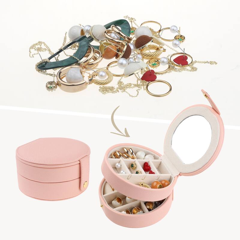 2 Layer Jewelry Box for Women Girls Birthday Gifts, PU Leather Jewelry Organizer Case Storage Holder - 11x11x5.8cm - Pink