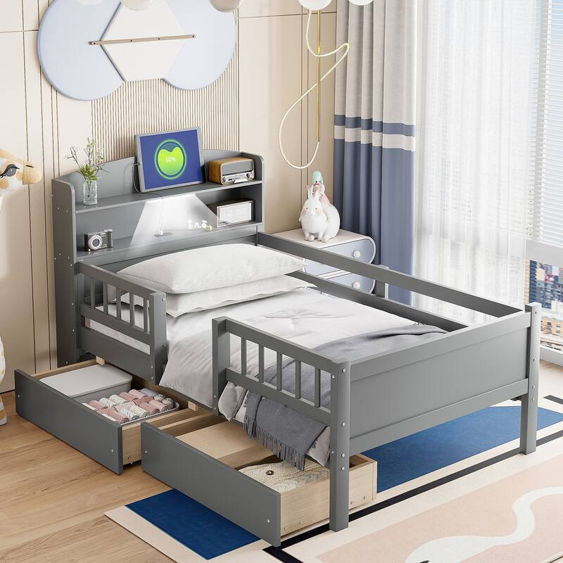 Roomfitters Wood Twin Platform Bed with Built-in LED Light, Storage Headboard, Guardrail and 2 Drawers, Grey - Grey