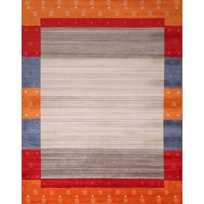 Striped Gabbeh Indian Area Rug Handmade Oriental Beige Wool Carpet - 8'4" x 9'8"