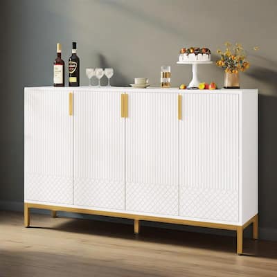 Modern MDF Buffet Sideboard Cabinet with 4 Doors and Metal Legs for Kitchen Dining or Living Room - 59"L x 13.7" W x 35.5" H