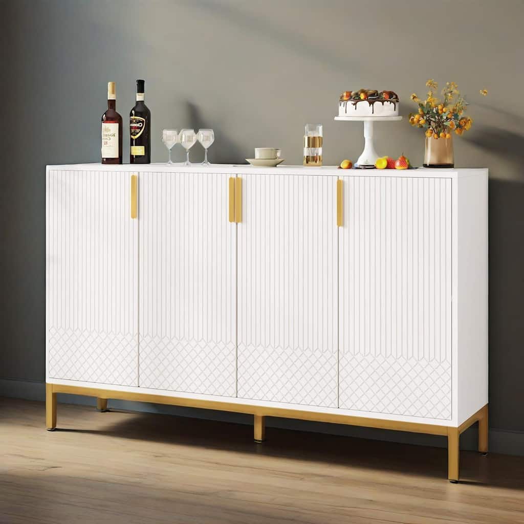 Modern MDF Buffet Sideboard Cabinet with 4 Doors and Metal Legs for Kitchen Dining or Living Room - 59"L x 13.7" W x 35.5" H