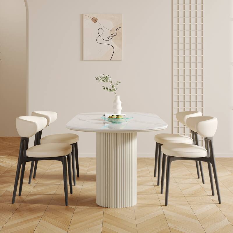 71" Modern Rectangular Dining Table with Stone Table-top, Wood Legs