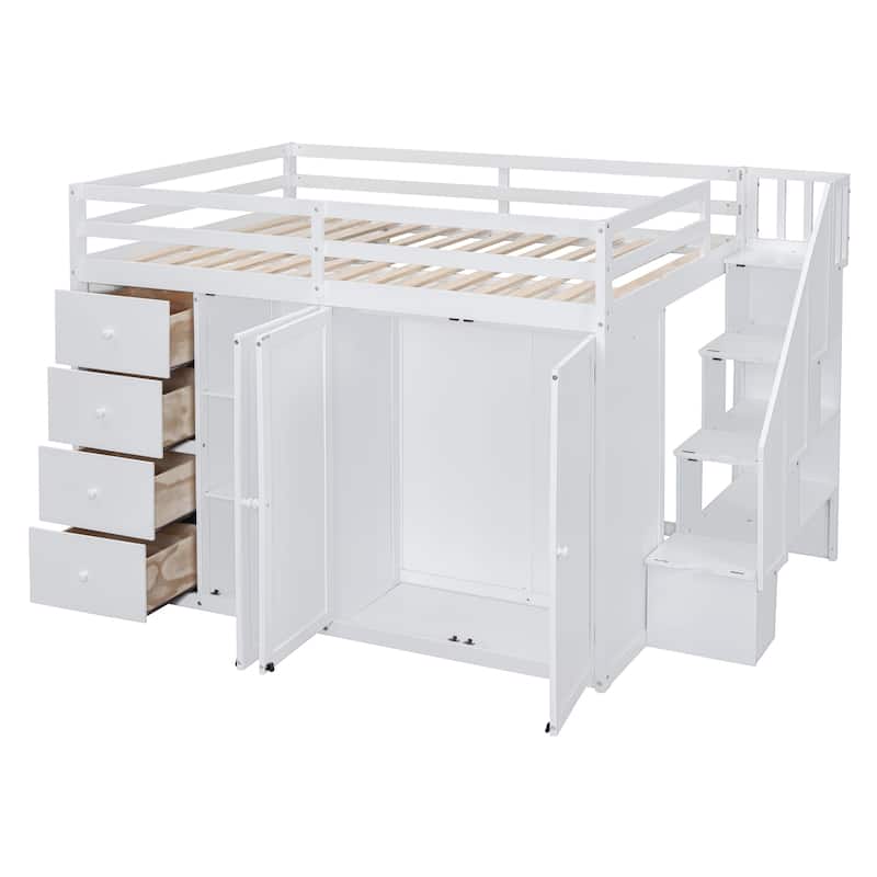 Full Size Wood Loft Bed With Built-in Wardrobes, Cabinets and Drawers
