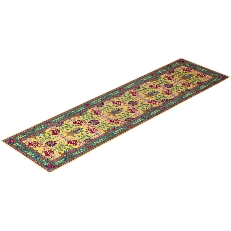 Overton Hand Knotted Wool Vintage Inspired Modern Contemporary Arts & Crafts Yellow Runner Rug - 2' 7" x 9' 8"