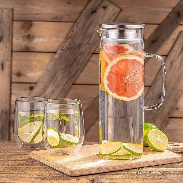 Glass Jug Water Carafe Made of Borosilicate Glass, 44 oz - 1300 ml Glass Jug with Lid, Glass Jug for Cold and Hot Water