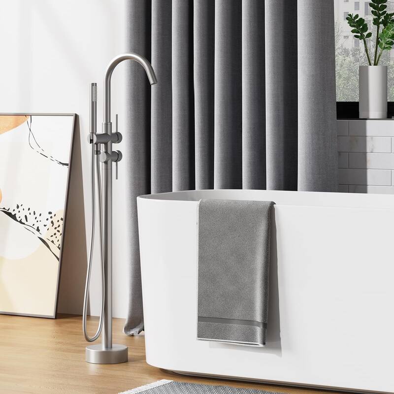 Freestanding Bathtub Faucet, Floor-Mount Tub Filler Chrome - Brushed Nickel - Round Double Handle