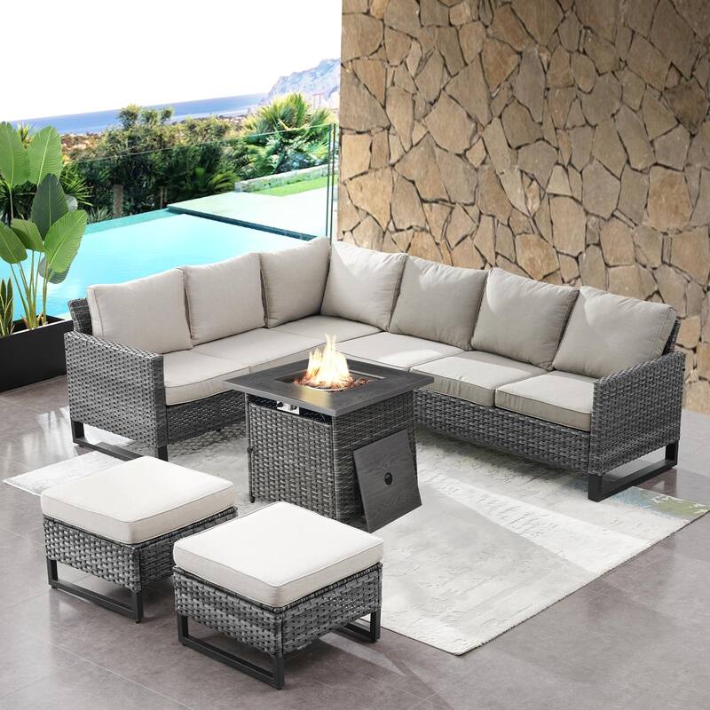 Fire Pit Table with Outdoor Sectional Sofa Ottoman Set - Grey - Beige
