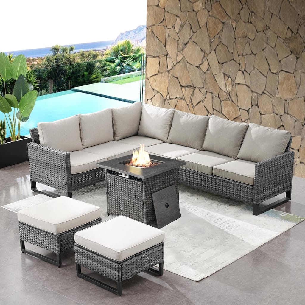Fire Pit Table with Outdoor Sectional Sofa Ottoman Set