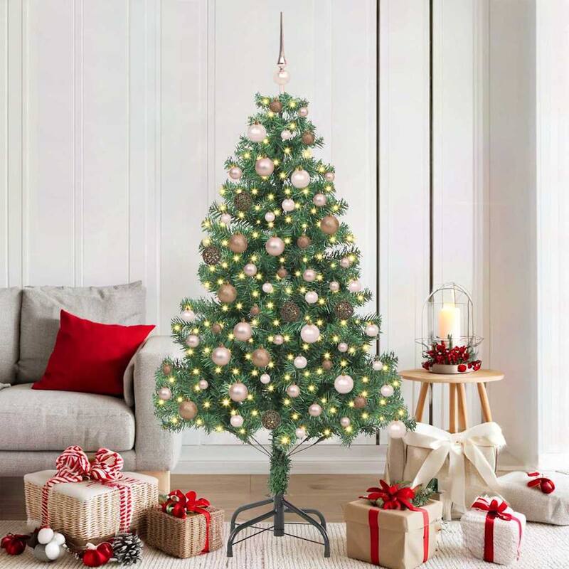 vidaXL Artificial Christmas Tree - 70.9" x 15.7 - Green with LEDs and rose gold balls - 6 Foot
