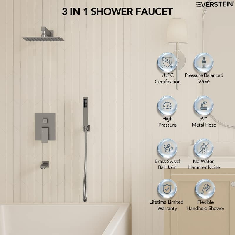 Wall Mounted Shower System Bathtub Facuet Set, High-Pressure 10" Rain Shower Head with Handheld