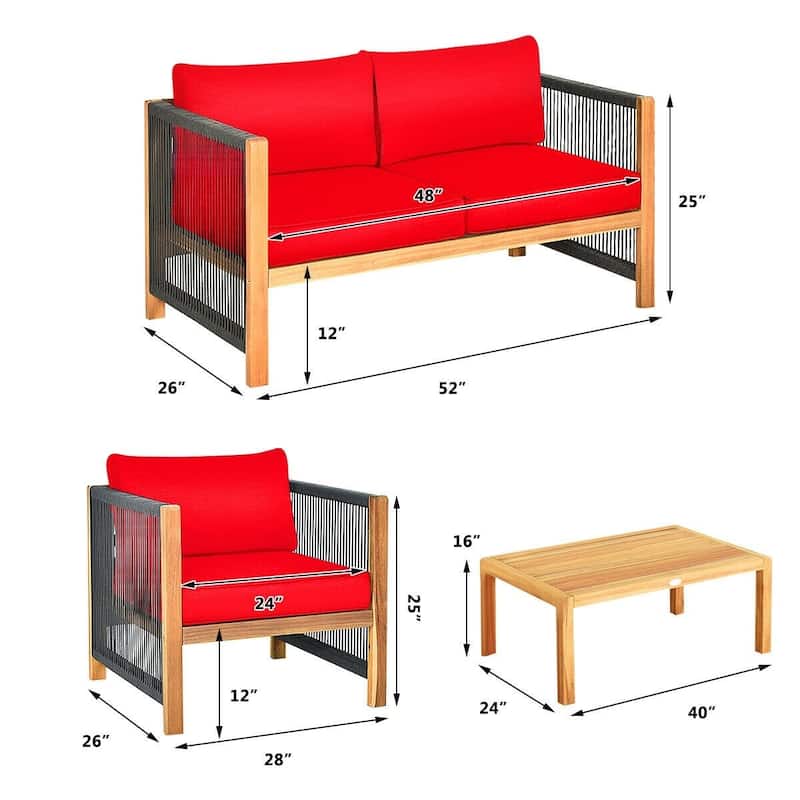 4 Pcs Acacia Wood Outdoor Patio Furniture Set with Cushions - 52" x 26" x 25" (L x W x H)