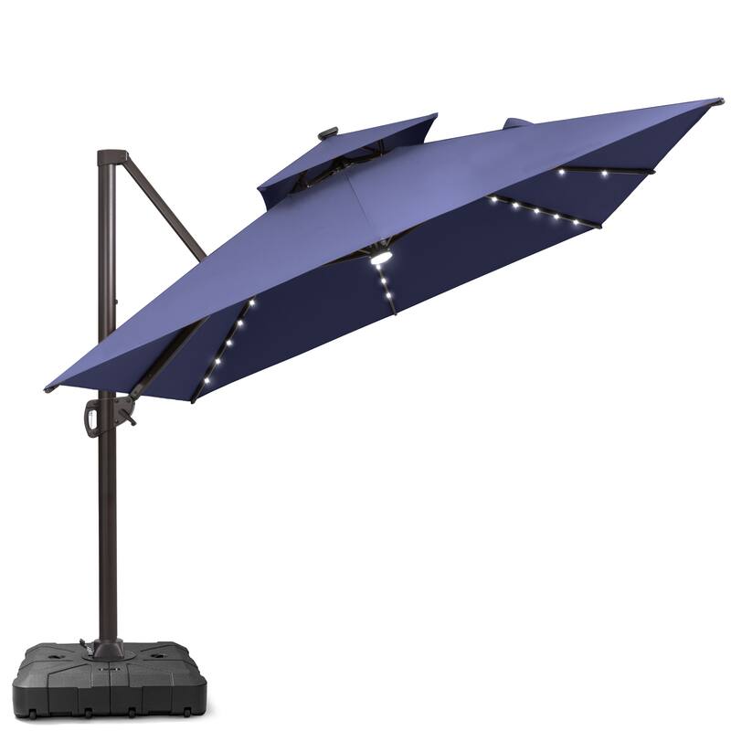 9x11 FT Daul Top Outdoor Patio Cantilever Umbrella Solar LED Lighted with Wheel Base - NavyBlue
