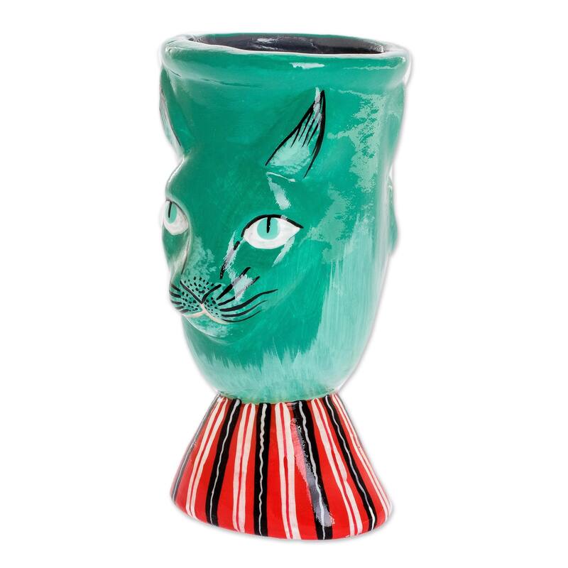 Novica Handmade Top Cat In Green Ceramic Flower Pot