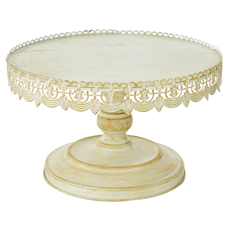 Metal Floral Cake Stand with Lace Inspired Edge - Cream - Roche River Decor - Cream - 16"W, 9"H