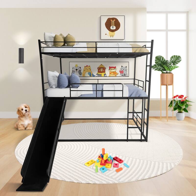 Black Twin Metal House Loft Bed with Slide & Ladder