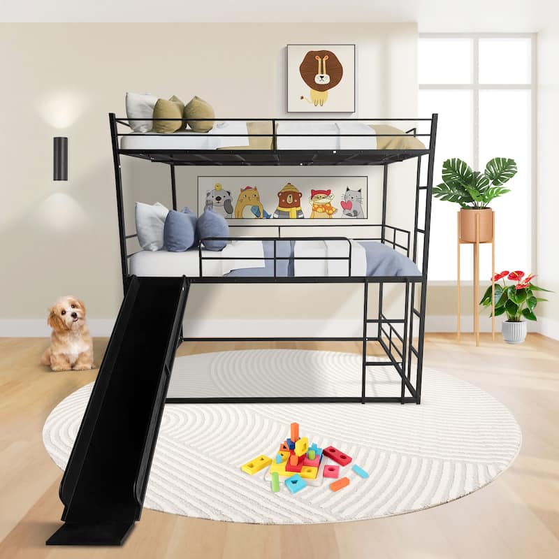 Twin Size Metal House Loft Bed with Slide and Ladder