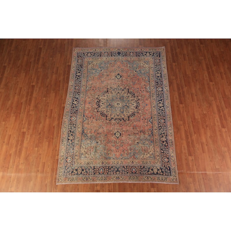 Medallion Pink Mashad Persian Vintage Area Rug Handmade Wool Carpet - 6'5" x 9'4"