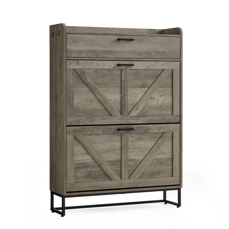 AVAWING Freestanding Farmhouse Shoe Cabinet - 2 Flip Drawers & Adjustable Shelves, Entryway Slim Storage with Side Hooks.