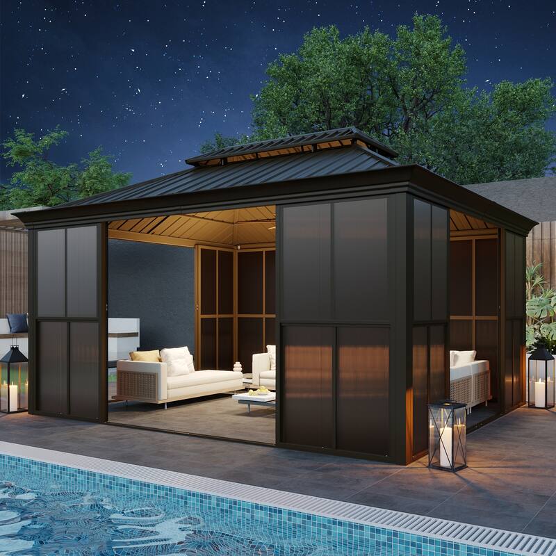 Hardtop Gazebo with Double Steel Roof, Sliding/Lockable Doors & Screens - All-Season Rustproof Aluminum Frame，Advanced Drainage