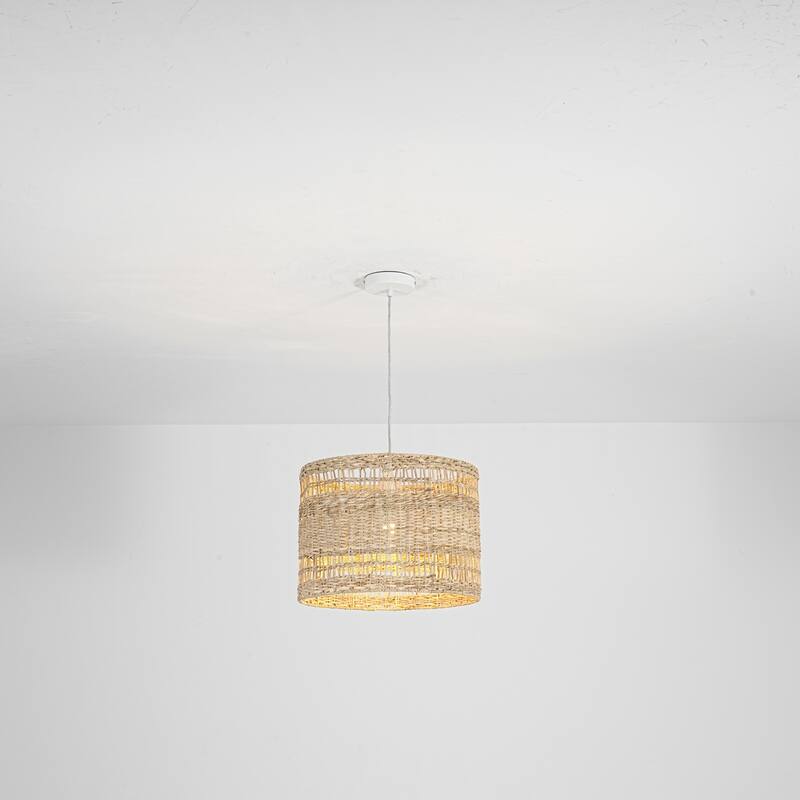 1-Light Boho Coastal Cylindrical Drum Woven Pendant Light with Matte White Finish and Herbaceous Rattan Shade - 15.7 in. W x 11.8 in. H x 15.7 in. D - Beige/White