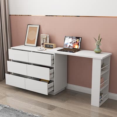 L Shaped Computer Desk with Drawers, Modern Corner Home Office Desk with Reversible Storage Cabinet
