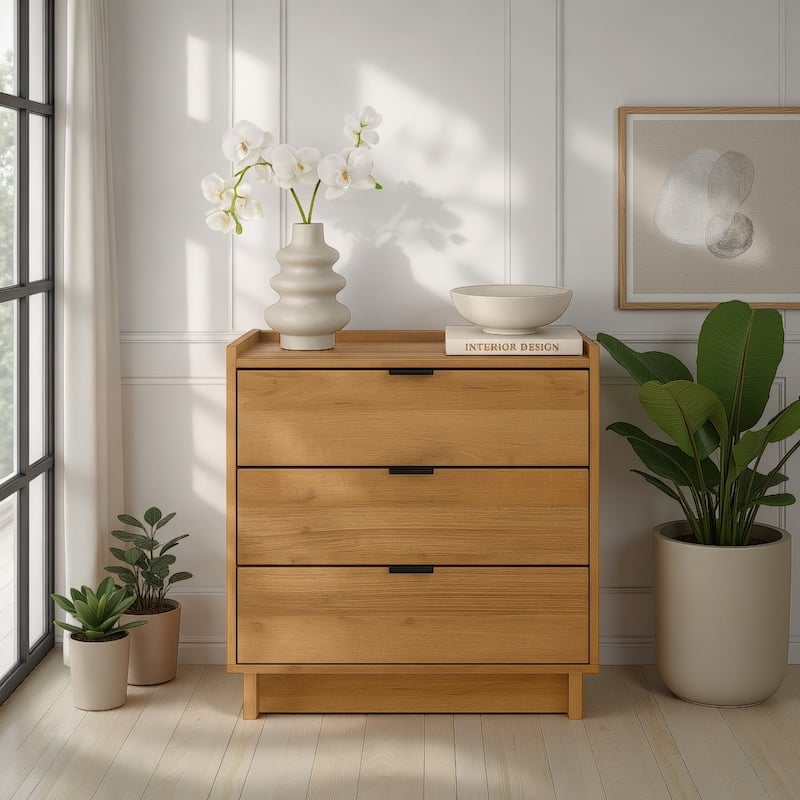 Prepac Simply Modern Nightstand Bedside Table, Natural Oak Nightstand for Bedroom, End Table with 3 Drawers