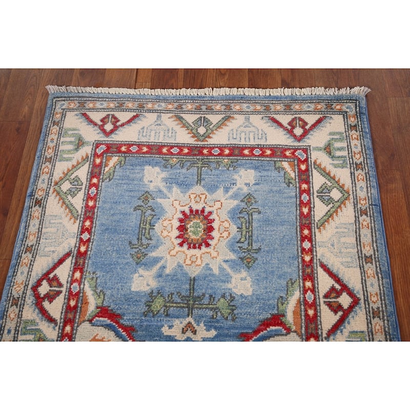 Light Blue Kazak Accent Rug Handmade Oriental Wool Carpet - 2'7" x 4'0"