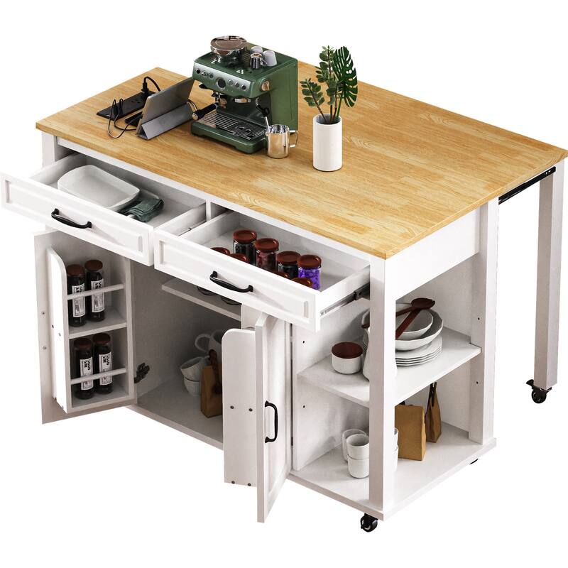 47.20'' Rubber Wood Kitchen Island with Extendable Dining Table, Power Outlet, and 2 Drawers - 47.2'' x 33.5'' x 36.75''