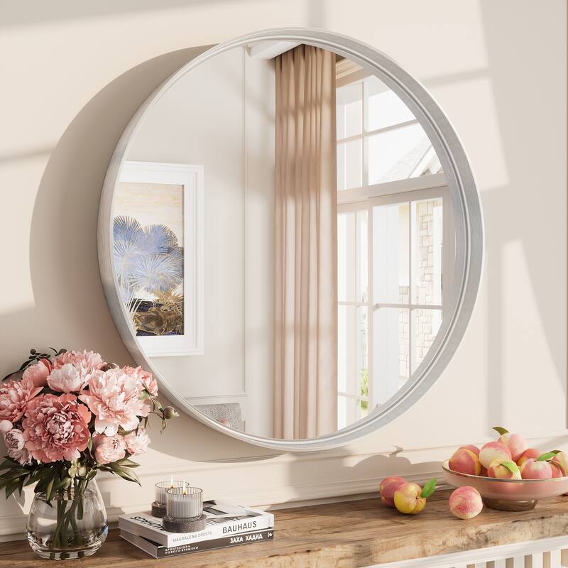 Round Tempered Glass and Metal Framed French Cleat Mounted Wall Bathroom / Vanity Mirror - 24" x 24" - Silver