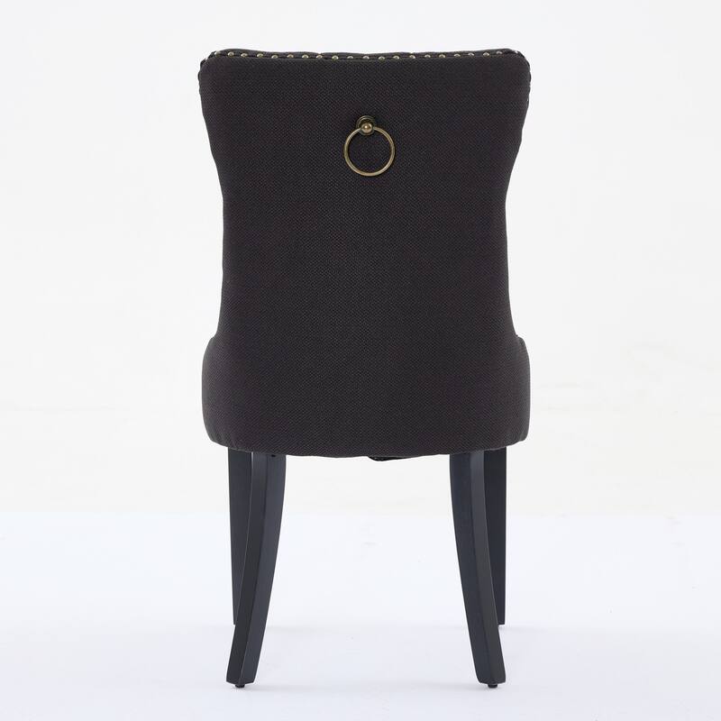 Set of 2 Linen Upholstered Dining Chair with Wood Legs, Nailhead Trim