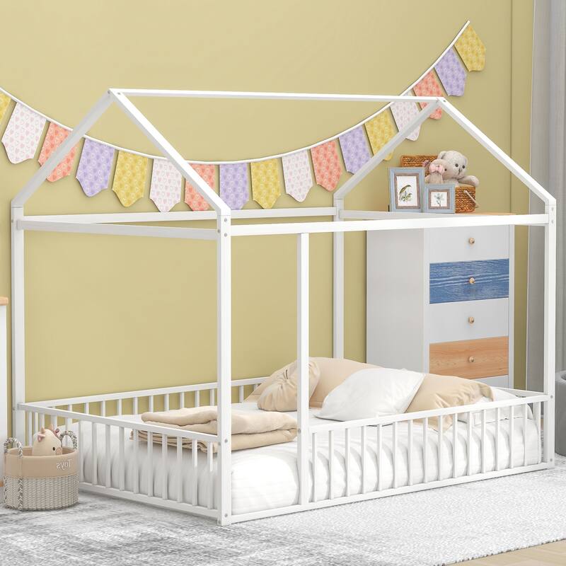 Metal House Bed Frame with Fence and Roof for Kids and Teens